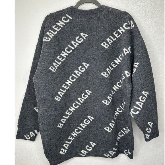 Balenciaga Dark Gray Long Sleeve White Logo'd Crew Neck Sweater L - Picture 8 of 15